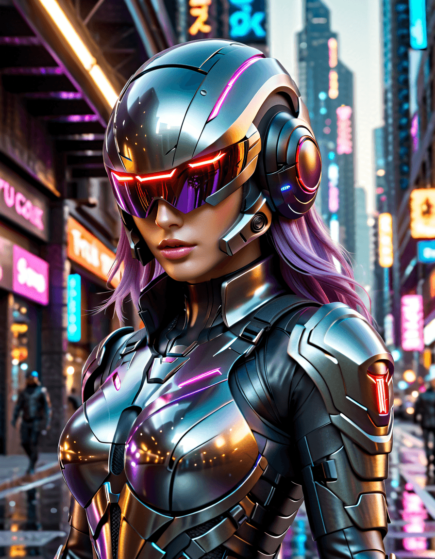 AI generated: hyperrealistic art Futuristic soldier with advanced armor, weaponry, and helmet, neon red, street, o...