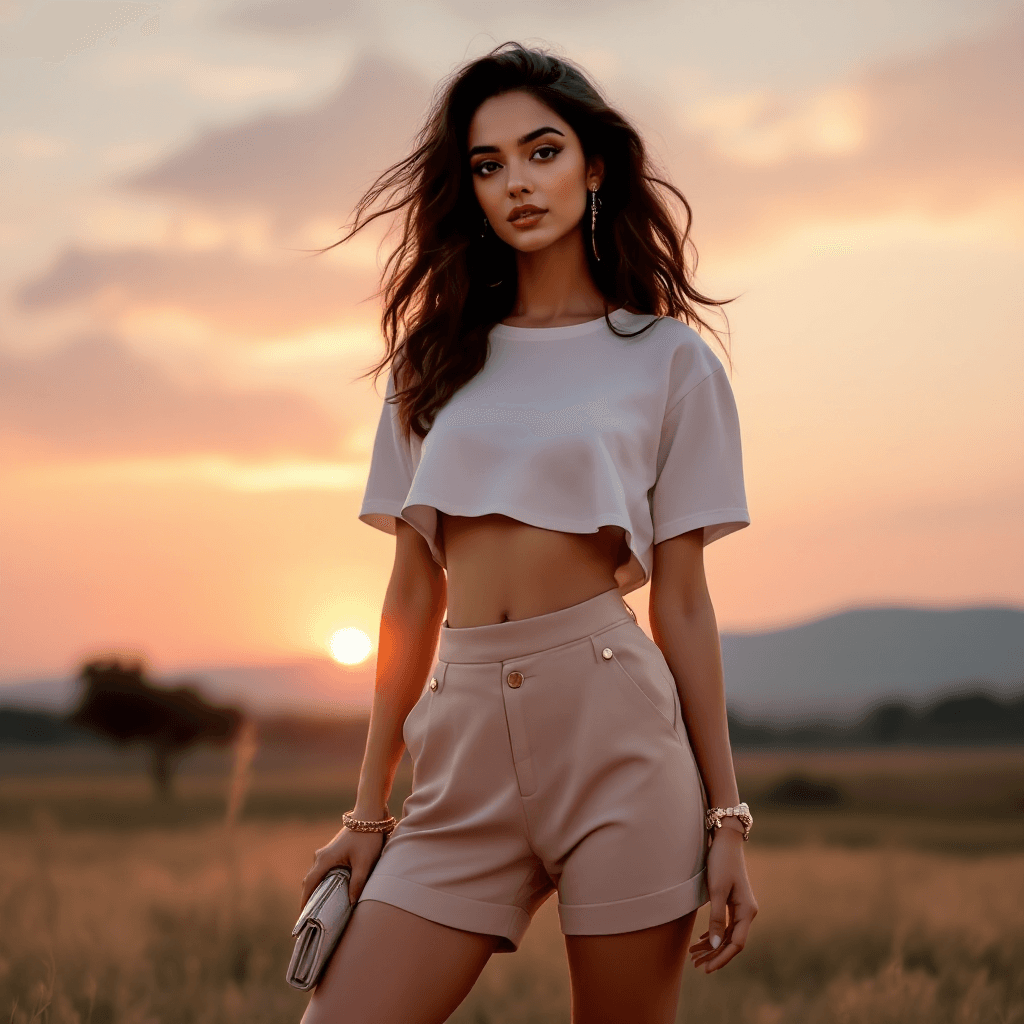 AI generated: Create a high-fashion design for a t-shirt print, featuring a stunning model as Indian actress Kiara...