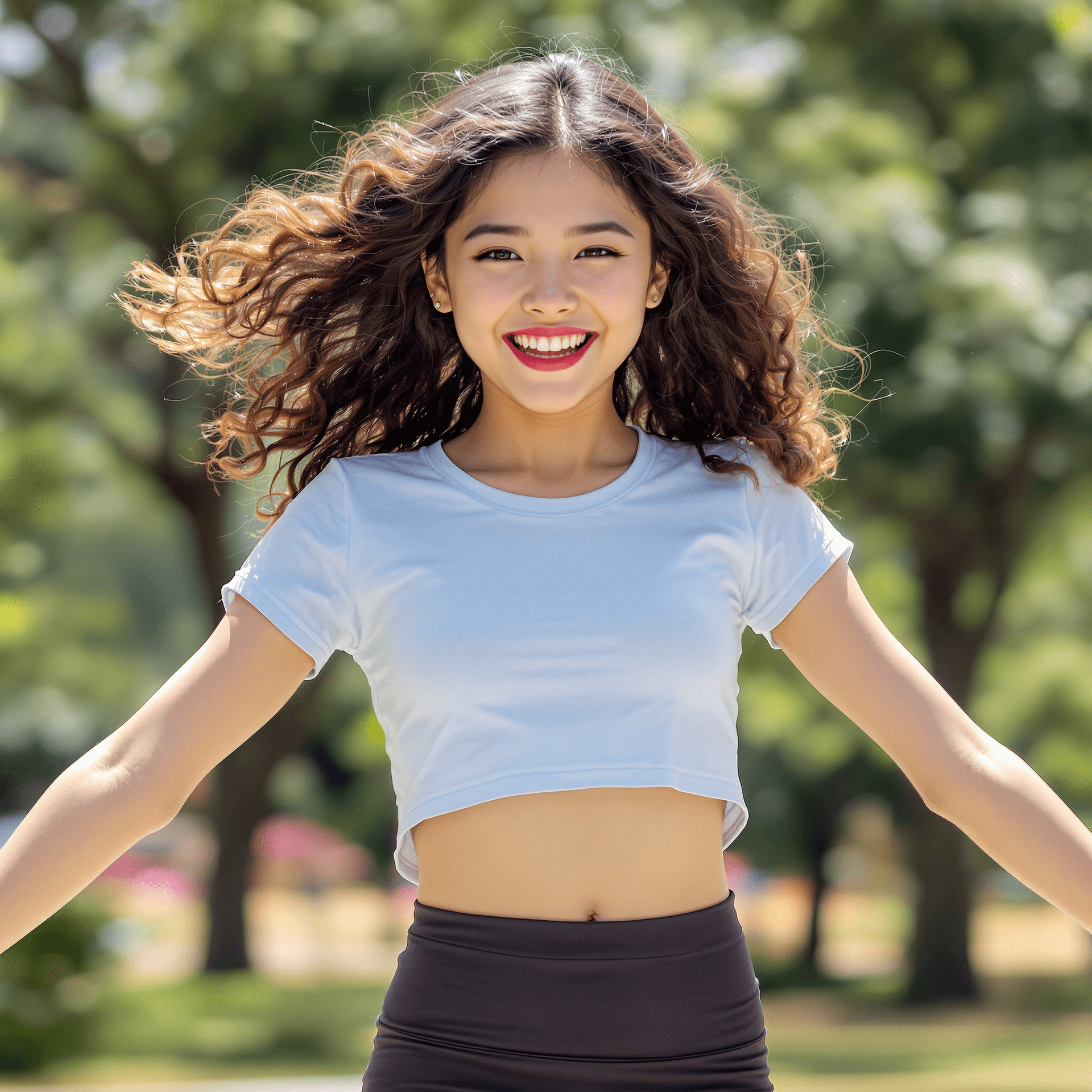 AI generated: A young Japanese girl, wearing a short T-shirt and tight skirt, has curly brown hair. She has a slim...
