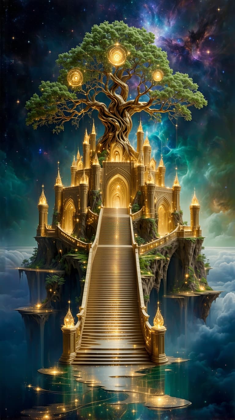 AI generated: A floating golden citadel, its towers formed from crystalline light, stands suspended in the cosmos....