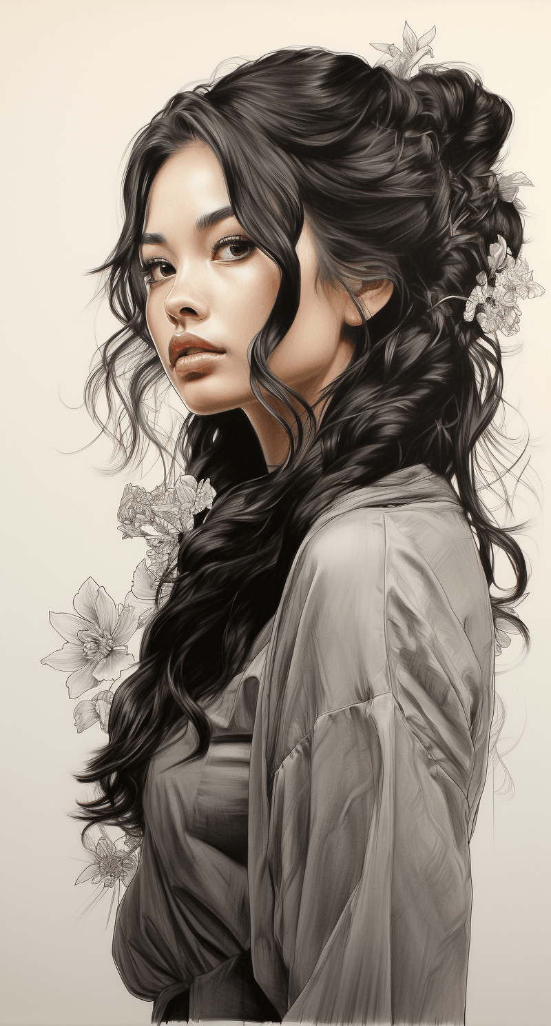 AI generated: a stunning sketch of a beautiful Japanese woman wearing a kimono, side view, in the style of pencil ...