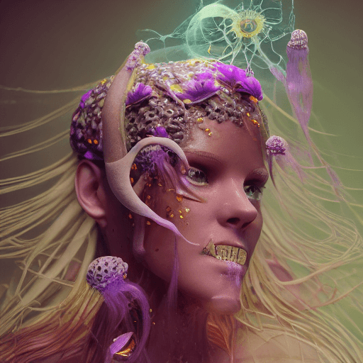 AI generated: Goddess close-up portrait ribcagel. jellyfish phoenix head, nautilus, orchid, skull, betta fish, bio...