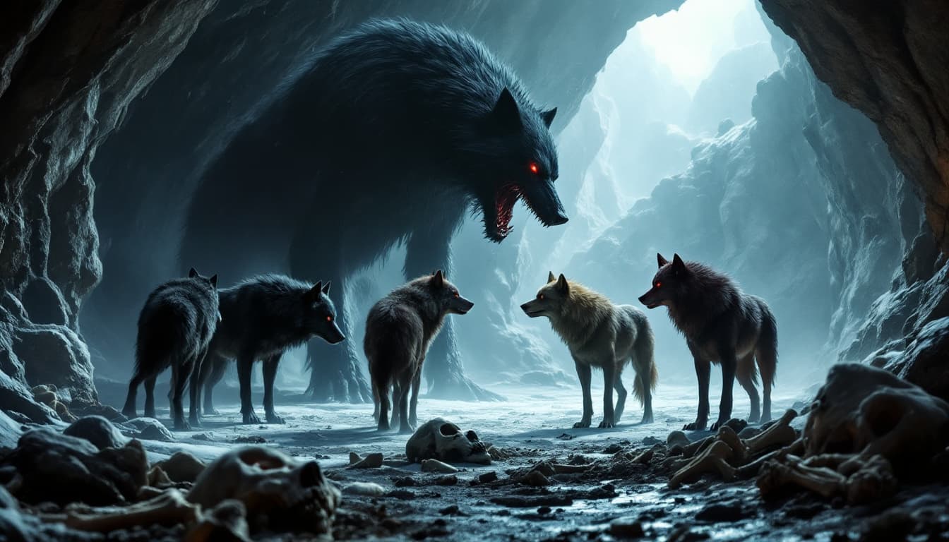 AI generated: Giant black wolf creature talking facing five wolves of different black, brown, and one reddish colo...