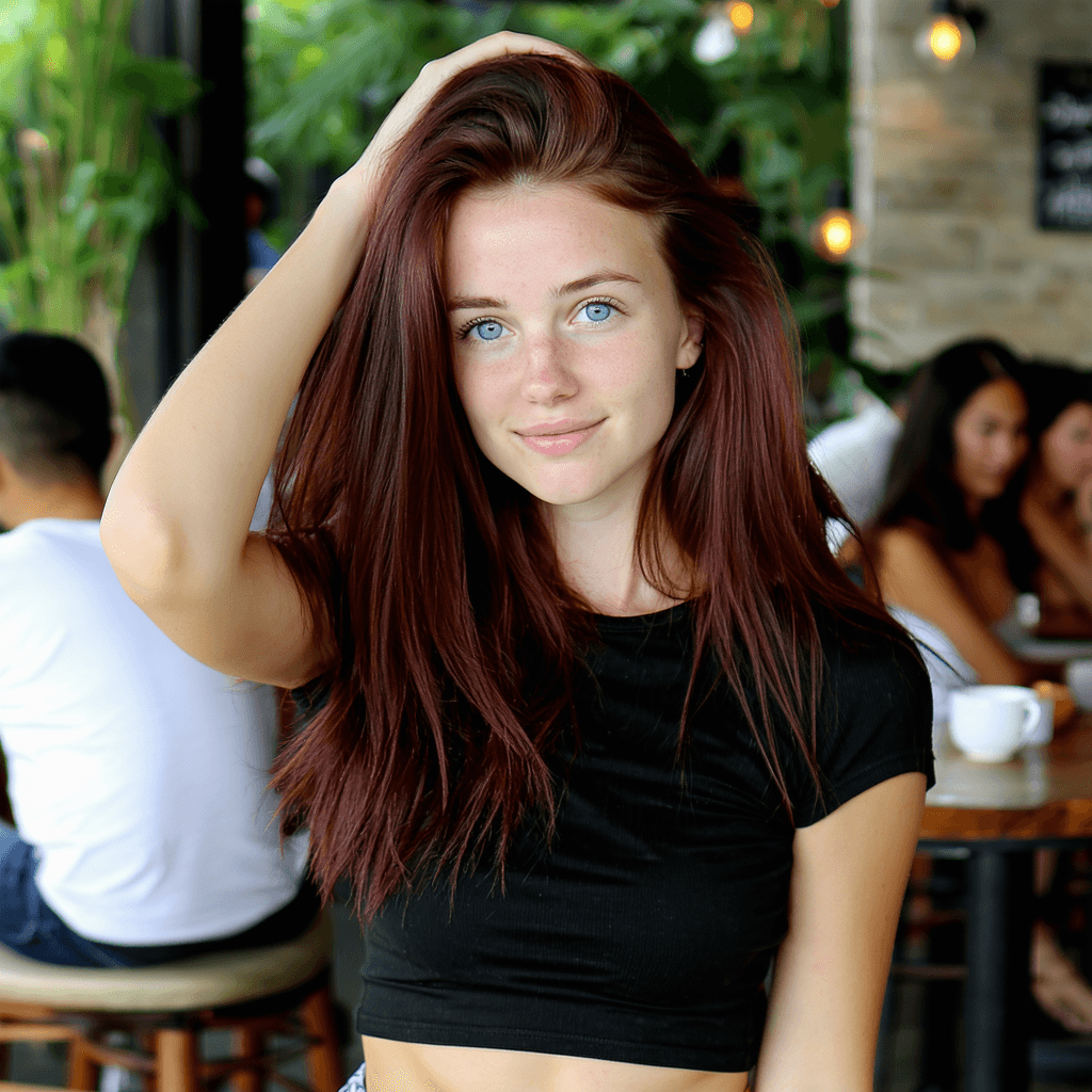 AI generated: The image features a young woman with long, flowing burgundy hair styled in loose waves. She is wear...