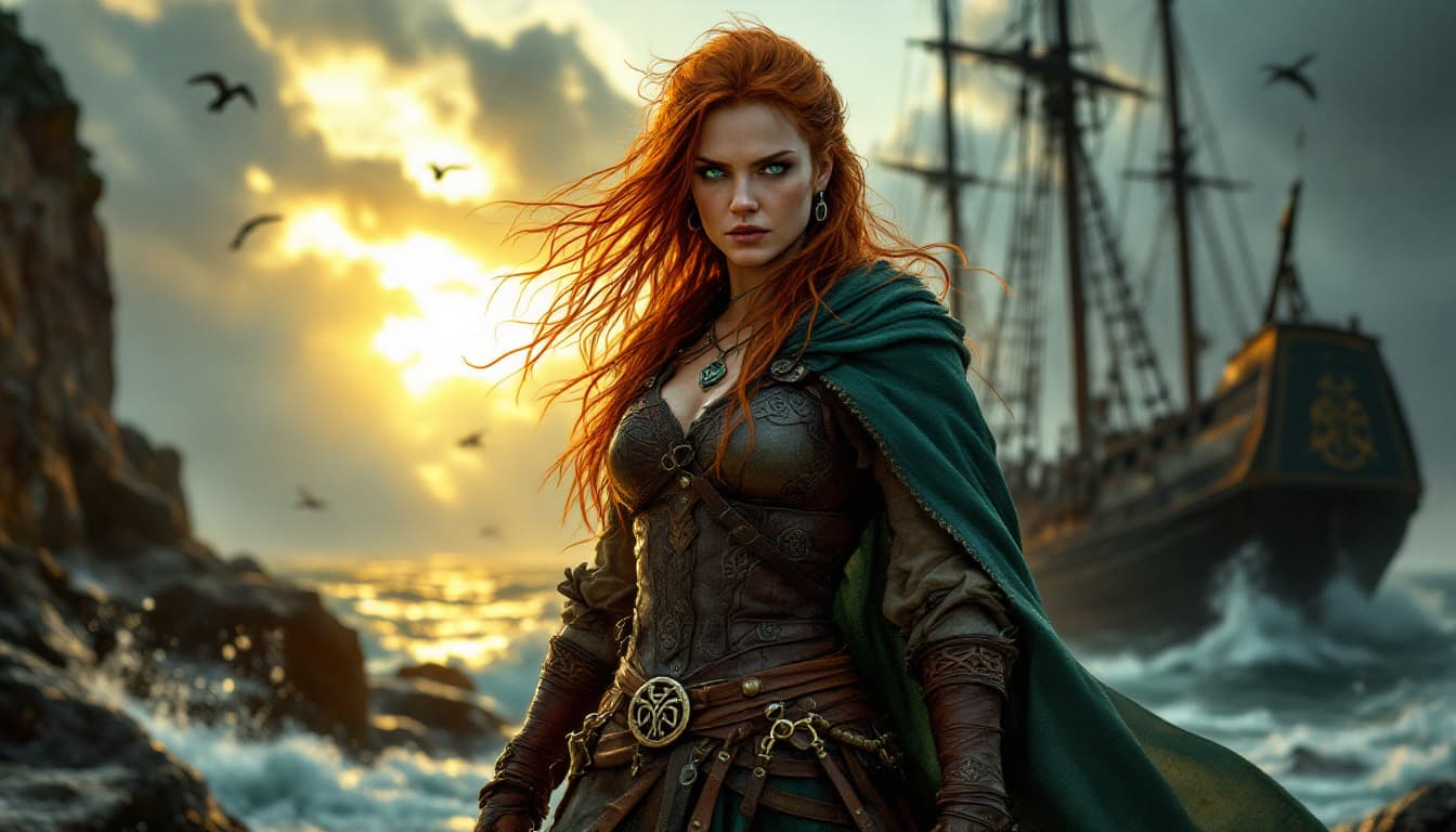 AI generated: Gráinne O'Malley, the legendary Irish pirate queen, stands defiantly at her rugged sea port, her sta...