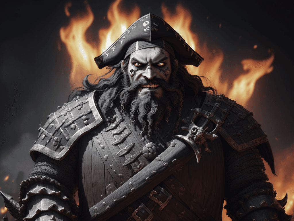 AI generated: Blackbeard the pirate, smile evil, tips of his beard and hair are on fire::4 intricate armor, intric...