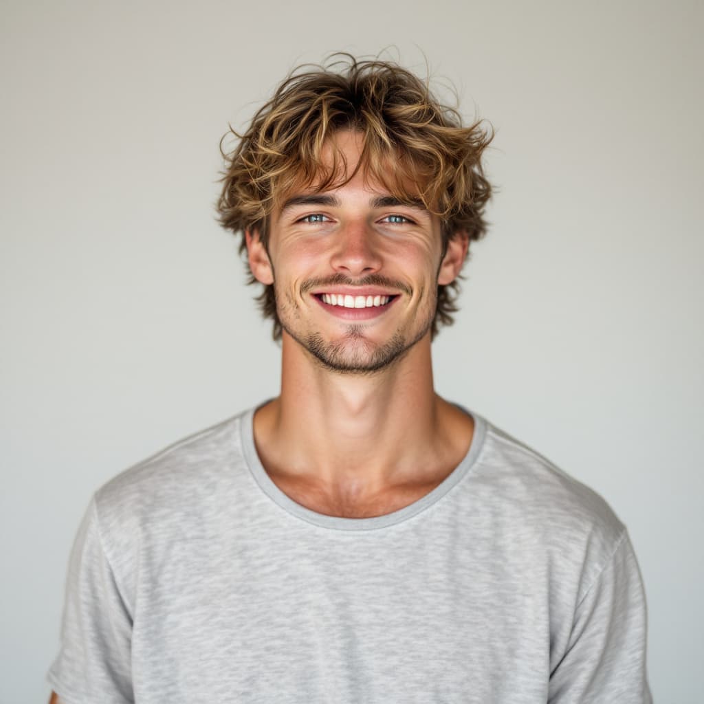 AI generated: High-res image of a 25-year-old white American man, messy dark blonde surfer hair, tan skin, soft sm...