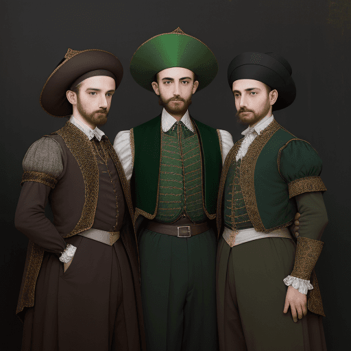 AI generated: three men in renaissance costume stand in a dark background, in the style of contemporary realist po...