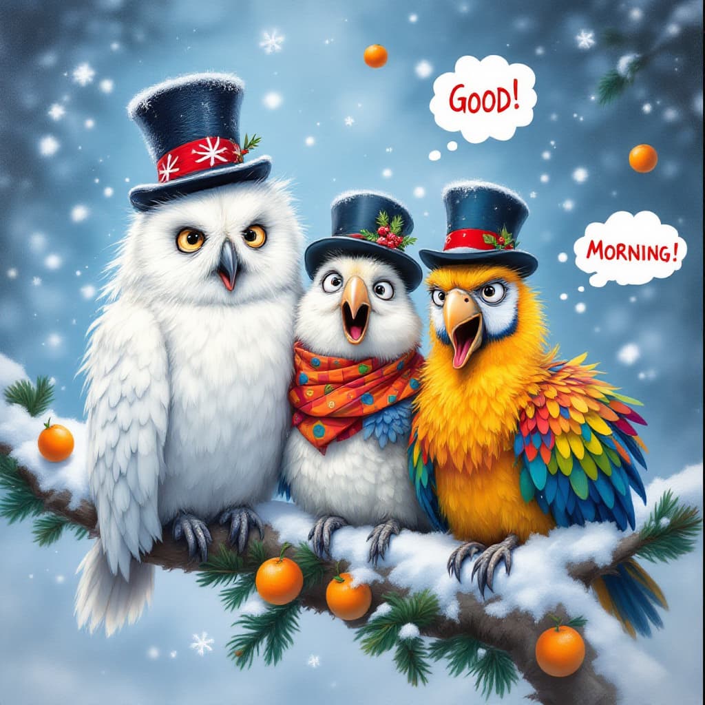 AI generated: Airbrushed oil painting, Disney Pixar style, depicts three funny, cartoon birds polar owl, colorful ...