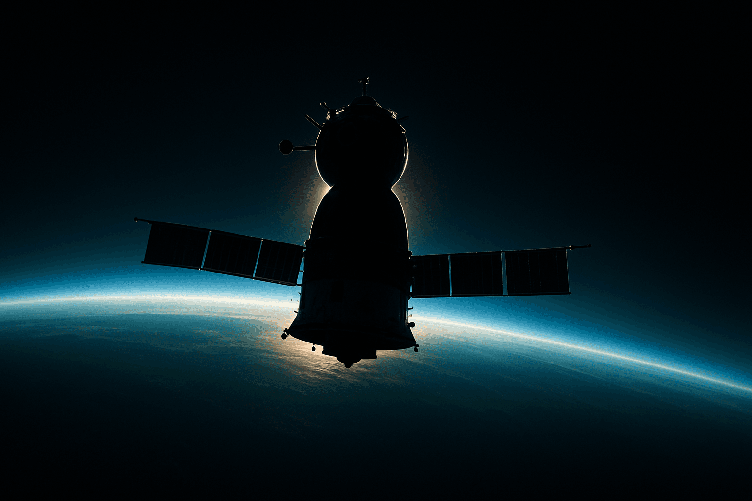 AI generated: A lone Soviet-era Soyuz spacecraft orbits above Earth, silhouetted against the planet’s curved horiz...