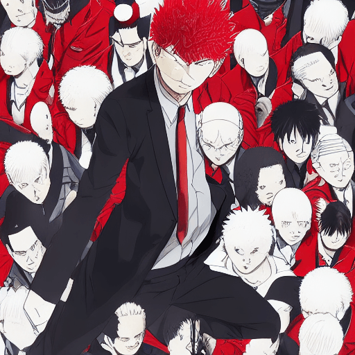 AI generated: Saturo, jujutsu kaisen, wears a red suit, anime, manga
