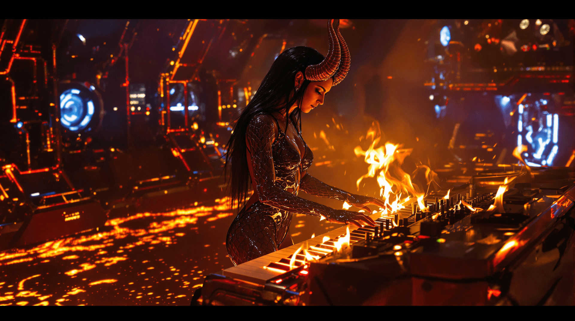 AI generated: High-angle shot right side of a female red demon character, bathed in warm, golden light, reminiscen...