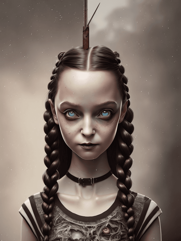 AI generated: hyper realistic photograph, portrait of wednesday addams with BROWN eyes and BROWN hair, urban fanta...
