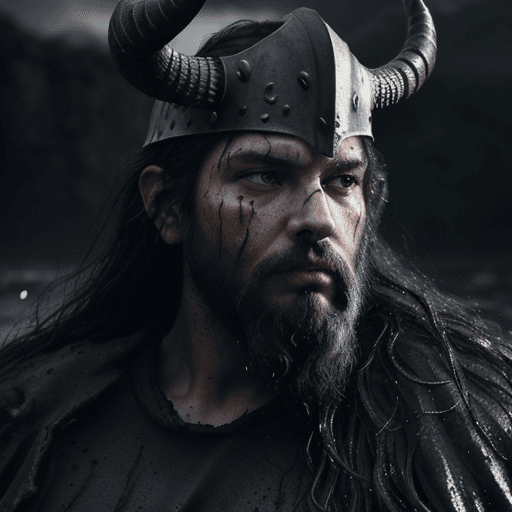 AI generated: Close-up of Viking King emerging from wet black mud:: Dark mental helmet with two large black horns ...