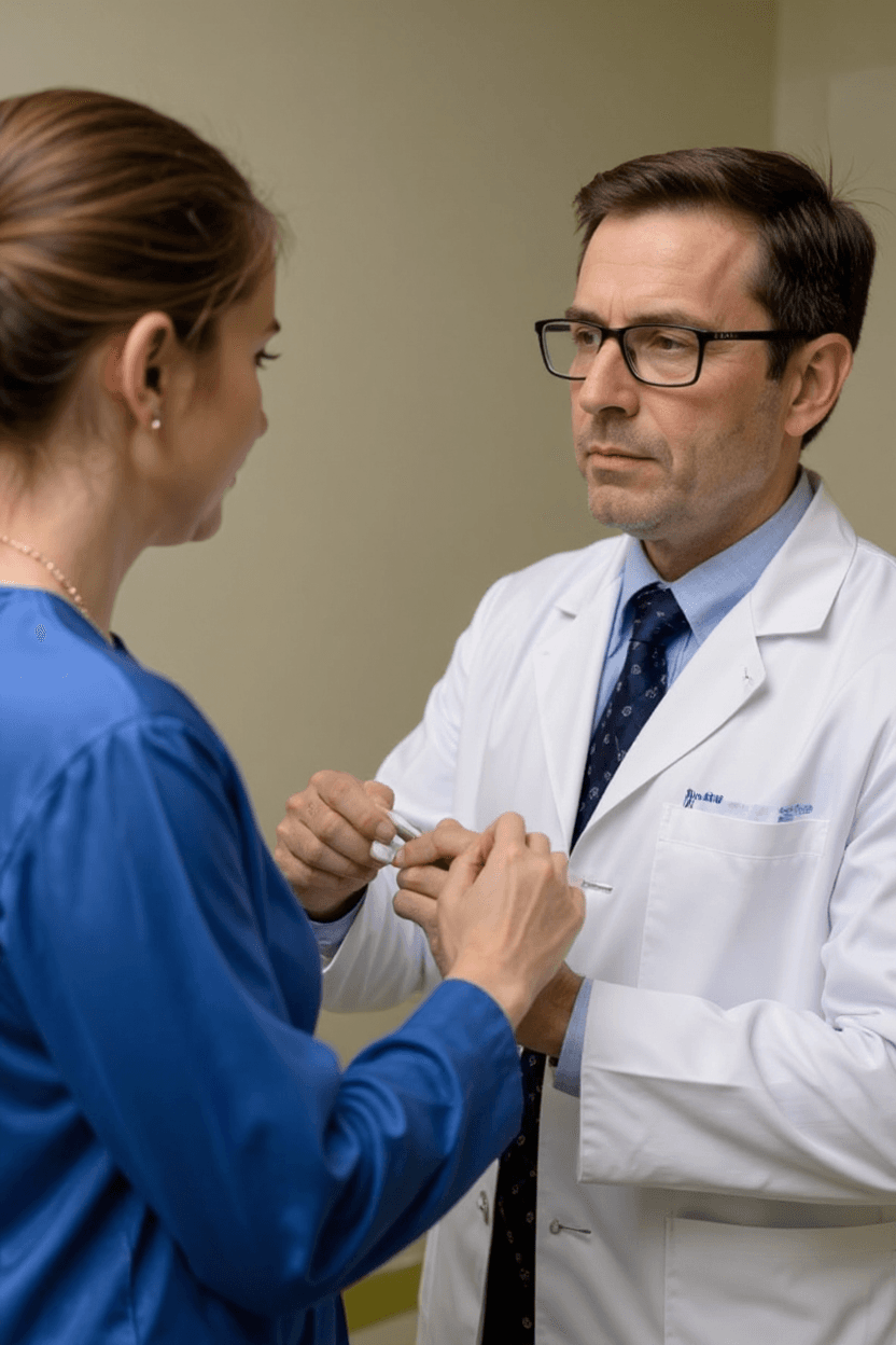 AI generated: at the doctor's who detects breast cancer. He examines her breast

