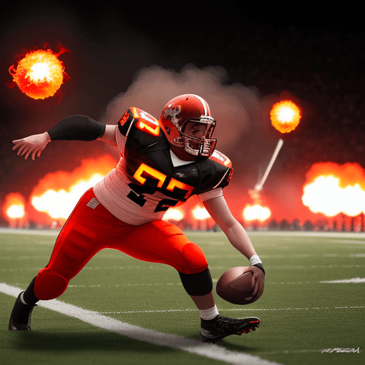 AI generated: plaer american football with flaming american balls::3 prokaryotic::1 nuclear::1 DSLR::1 vermillion:...