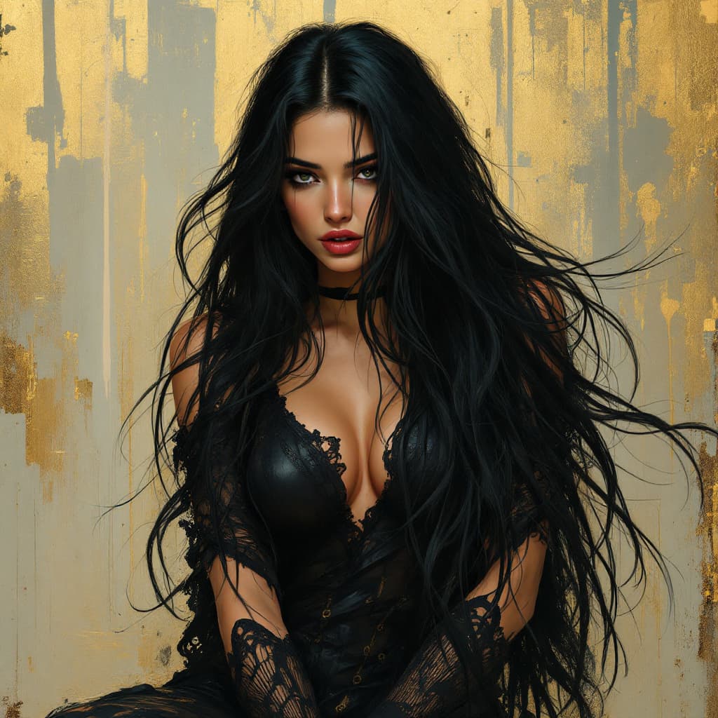 AI generated: a woman with long black hair in a gold painting, in the style of charlie bowater, dark blue and dark...