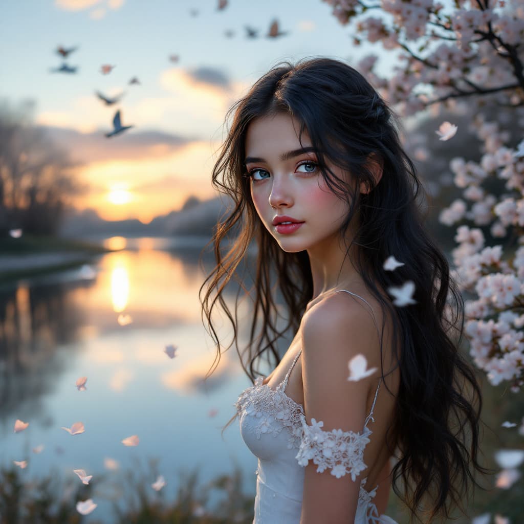 AI generated: a beautiful young girl, with long and wavy black hair, that gracefully flows down her back in soft c...