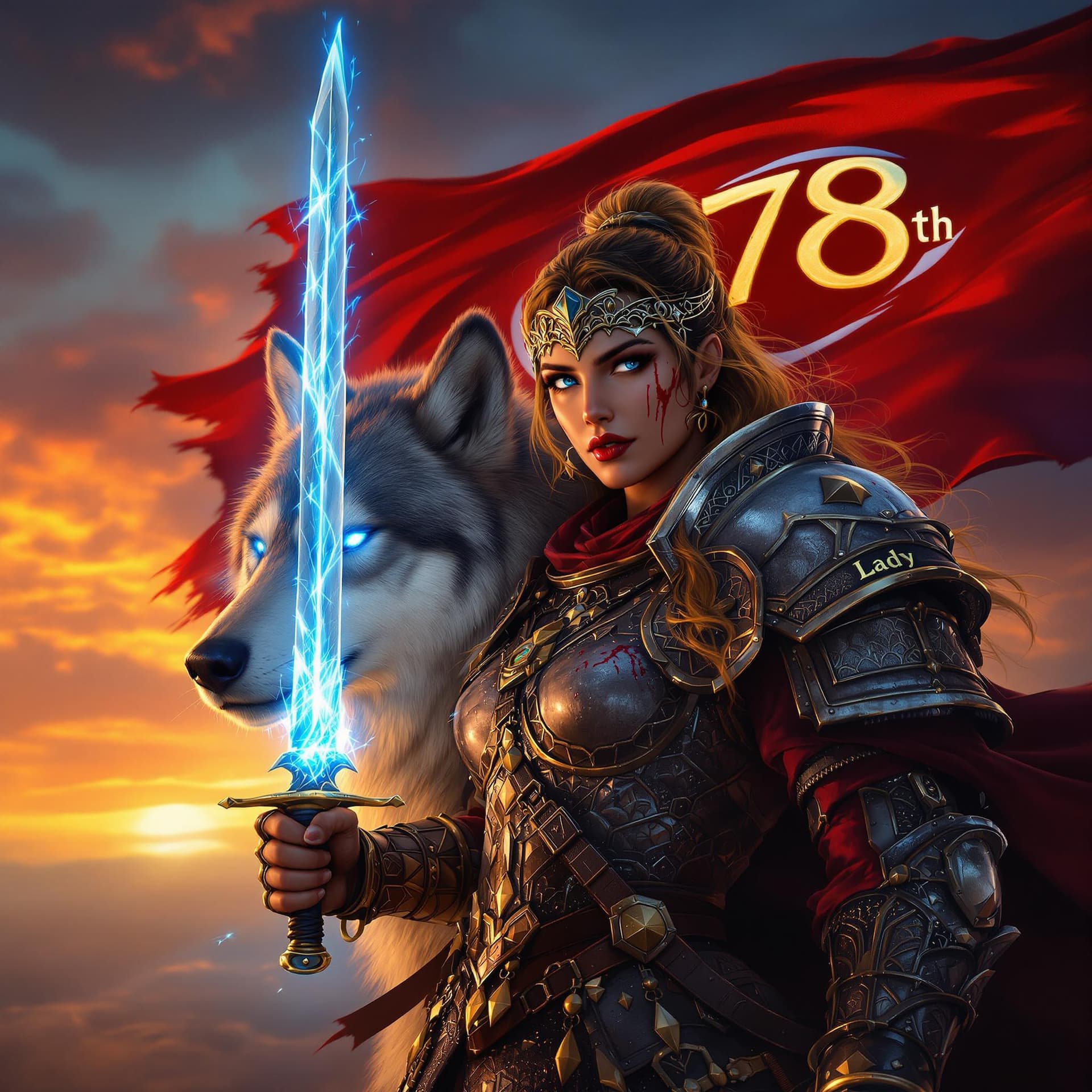 AI generated: A fierce lady warrior clad in traditional armor inspired by ancient Turkish mythology, holding a swo...