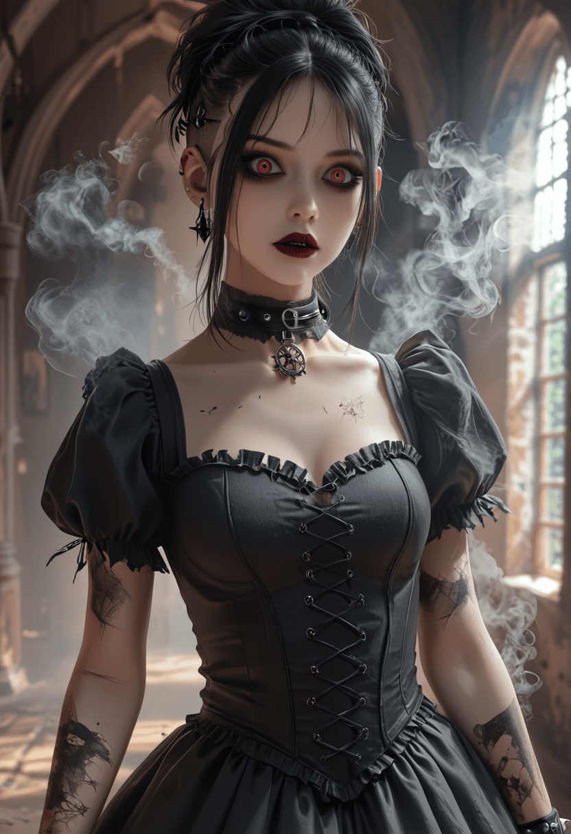 AI generated: Gothic steam punk witch in broken down castle room,dark,tattered gown,creepy,highres,realistic,<lora...
