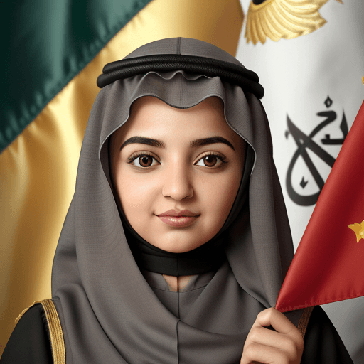 AI generated: a close up of a cartoon figure holding a flag in front of a Kaaba, with the name "Mety", arab ameera...