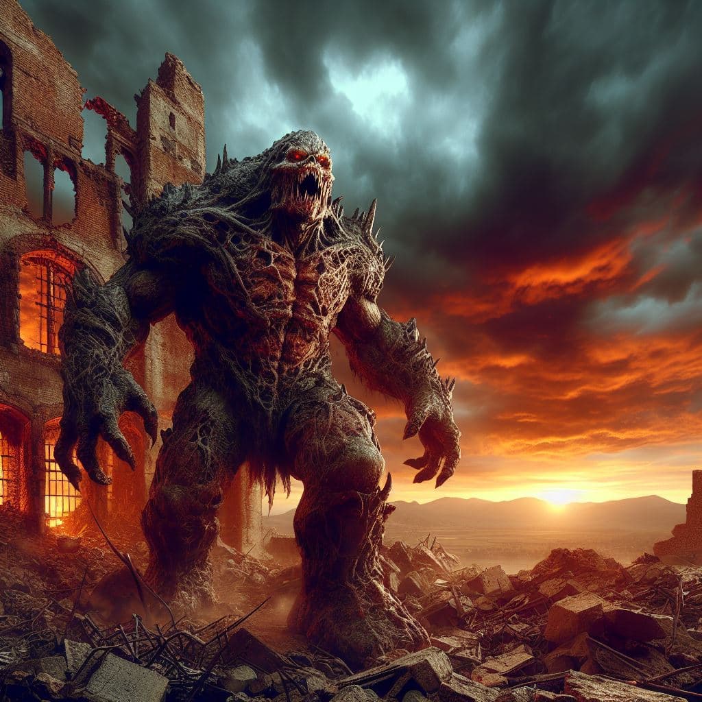 AI generated: Extreme detailed gigant ugly monster ,cruely,standing amidst the ruins, action scene, destroy castle...