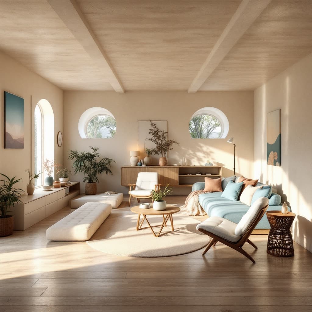 AI generated: High resolution photography interior design, dreamy sunken living room conversation pit, wooden floo...