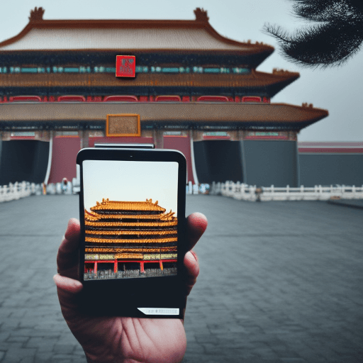AI generated: person holding an iphone with a picture of [The Forbidden City-China] , realistic, minimalist, reali...