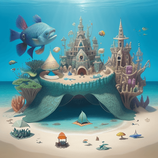 AI generated: A giant fish lies on the beach, and tiny people have set up a camp on its body. The fish looks frien...