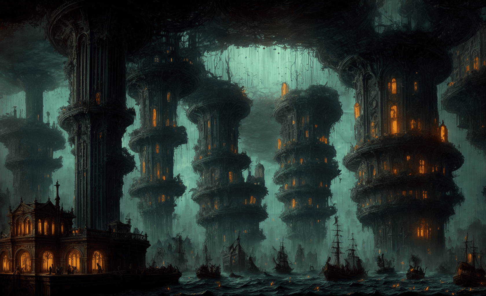 AI generated: An abandoned underwater metropolis, drowned skyscrapers overgrown with bioluminescent marine flora, ...
