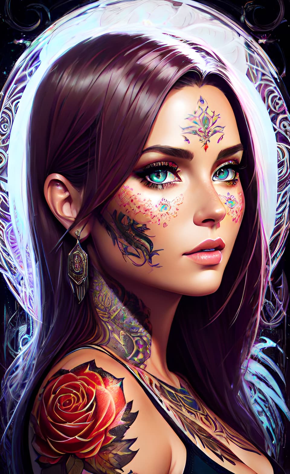 AI generated: A portrait of a beautiful stunning female anime with flower tattoos, ultra realistic, beautiful deta...