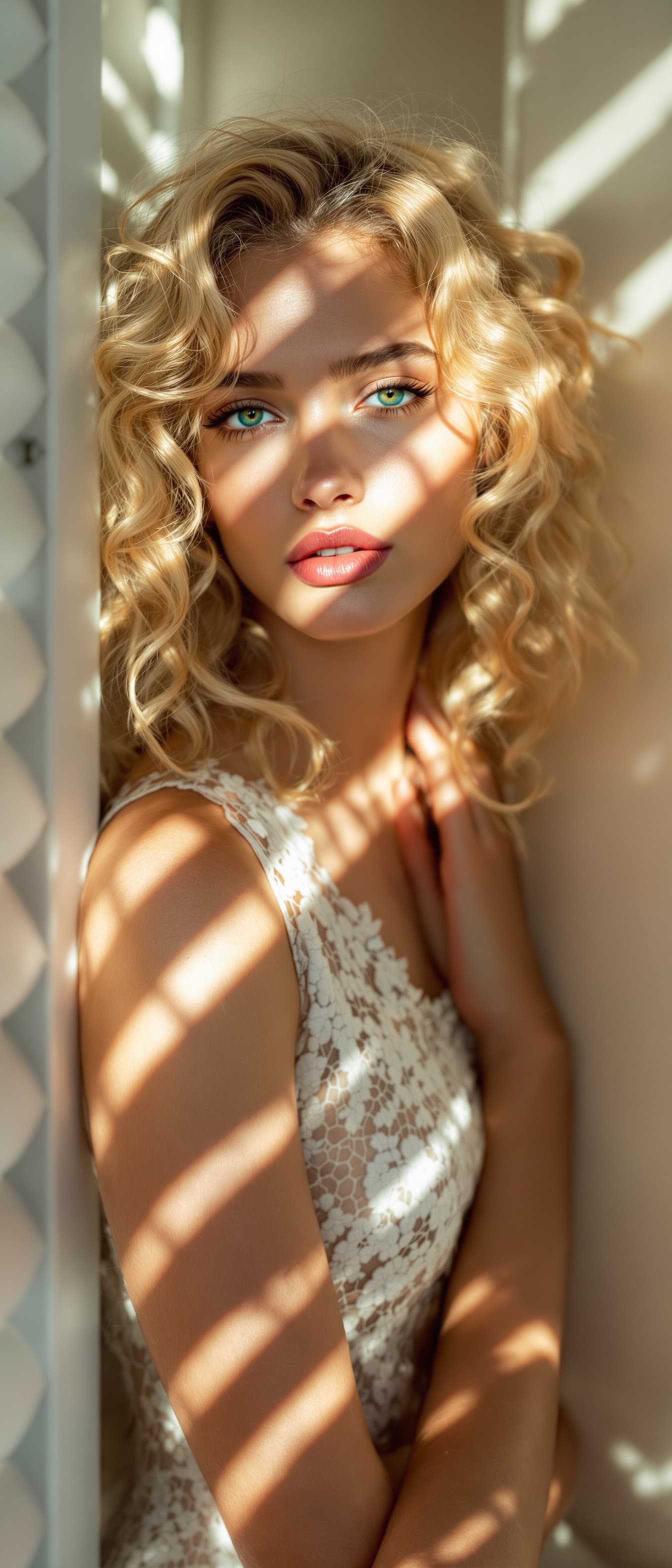 AI generated: "A full-height vertical portrait of a supermodel with fair skin and vibrant, curly honey-blonde hair...