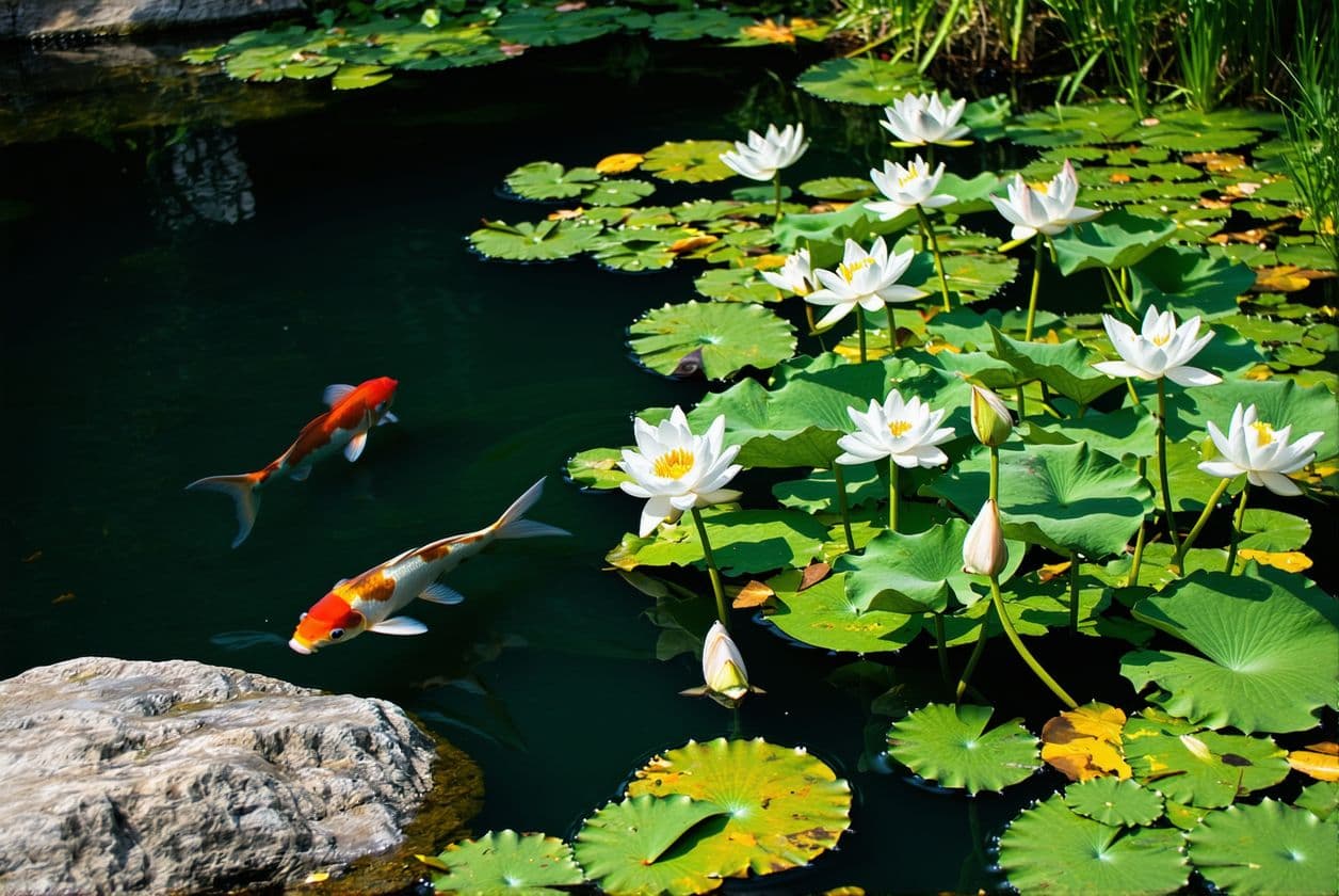 AI generated: quiet lily pond with a few lilies in the water and a few swimming carp. rocky shore. view from the s...