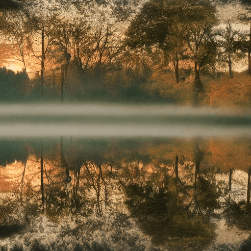 AI generated: Generate an image of a beautiful landscape bathed in the soft glow of dawn. In the foreground, a tra...