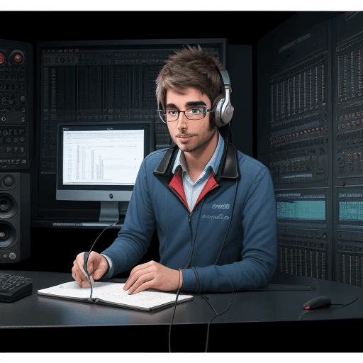 AI generated: Locutor, con microfono, fondo de cabina de estudio