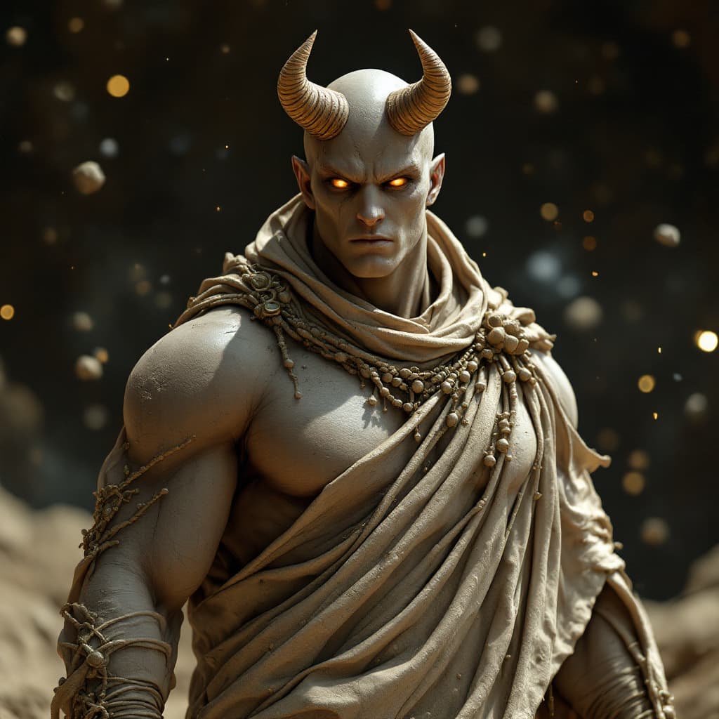 AI generated: God of Mud and Clay, full-body, Etherial, muscular, No mouth or hair, Glowing Brown eyes, epic, cine...