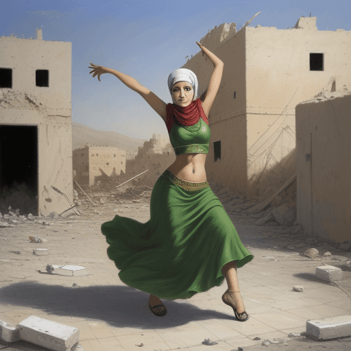 AI generated: an oil painting, in the style of Sliman Mansour, of a Palestinian woman dancing in front of the tank...