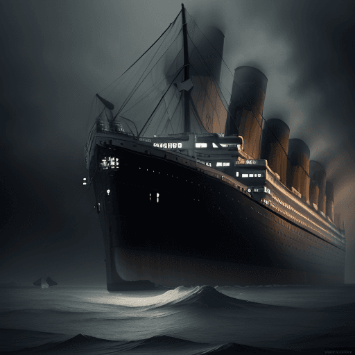 AI generated: The giant ship Titanic tilts to the left, the position of the ship is almost sinking, 8k photo techn...