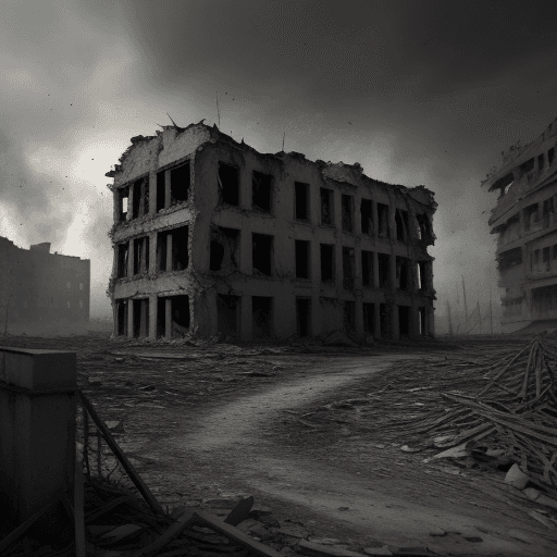 AI generated: 4k, ultra quality, realistic, horrors after World War III, ruined world, ruined buildings, terror, 