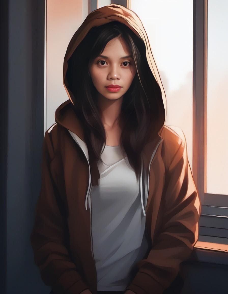AI generated: half body portrait of a beautiful girl by a window, hoodie, dynamic lighting, shadows, sultry, anime...