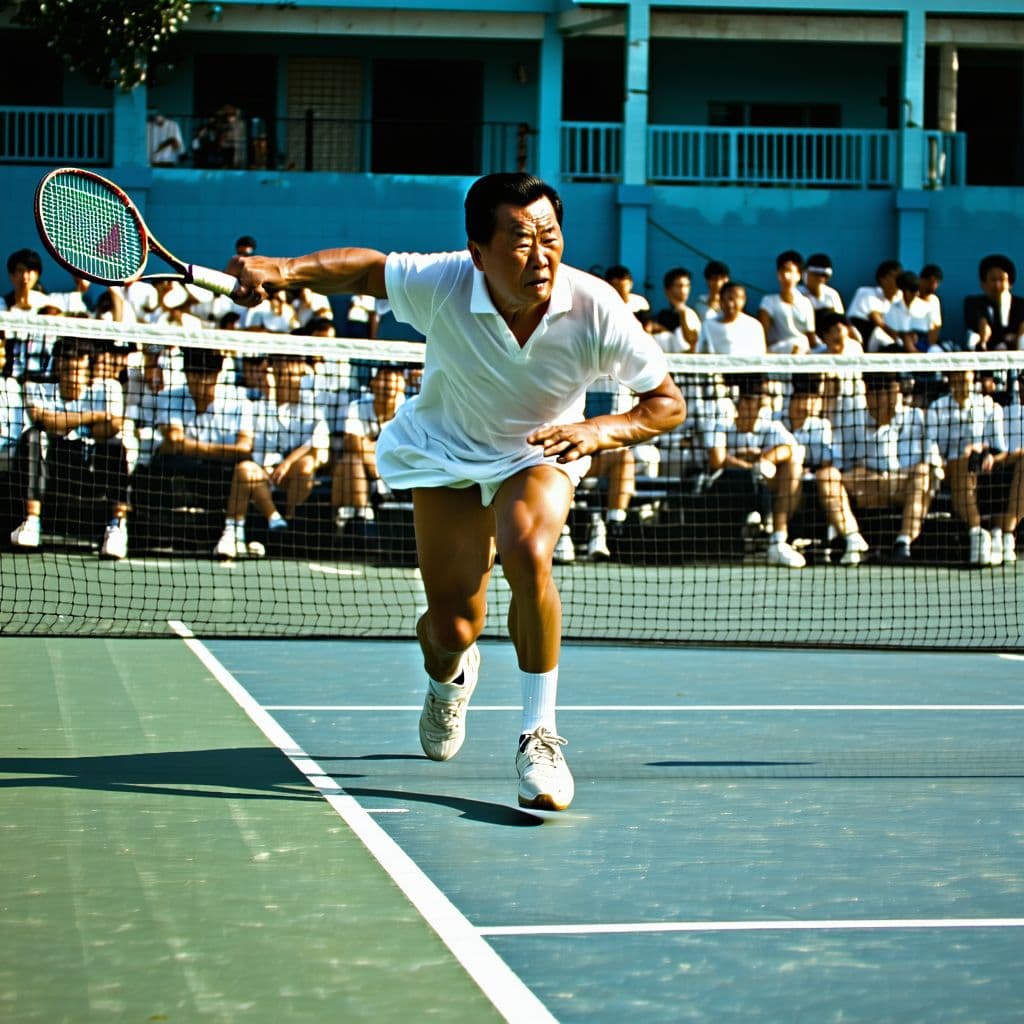 AI generated: pol pot playing tennis against everyone