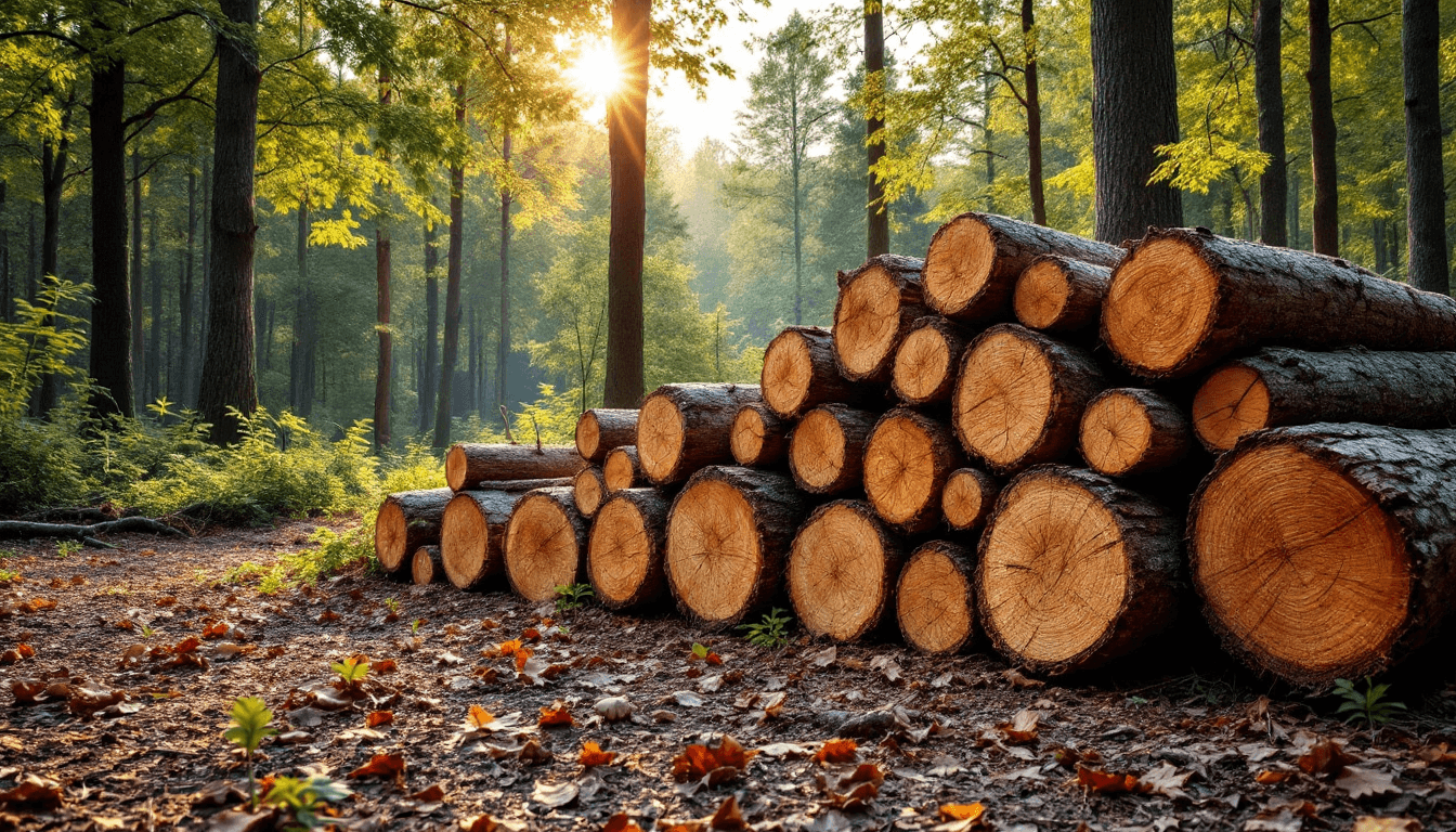 AI generated: Photo of a pile of cut logs in a forest, taken from a low angle, bright sunlight shining from the le...