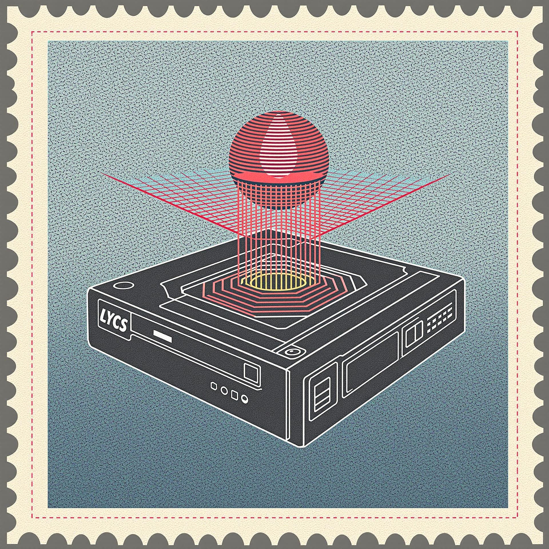 AI generated: stamp style, retro VCR player for mystical future laser solid state hard drive hardware, quantum com...