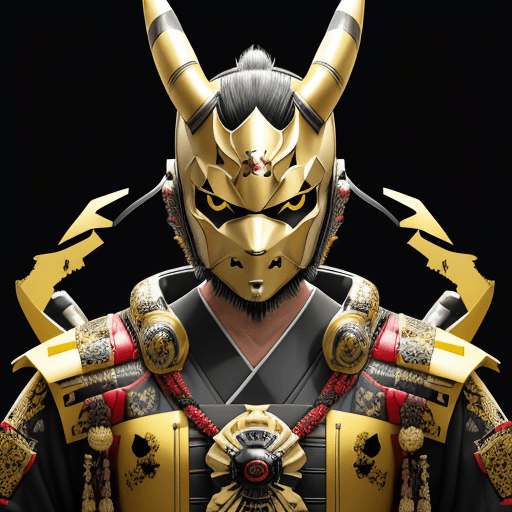 AI generated: Japanese samurai portrait, helmet
with horns, Pikachu Pokemon design closed masked, intricately scul...