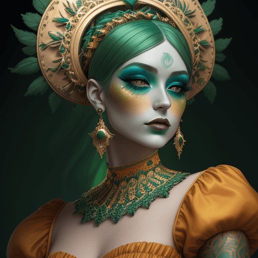 AI generated: beautiful green, orange and gold makeup on a woman, in the style of venetian scenes, hyperrealistic ...