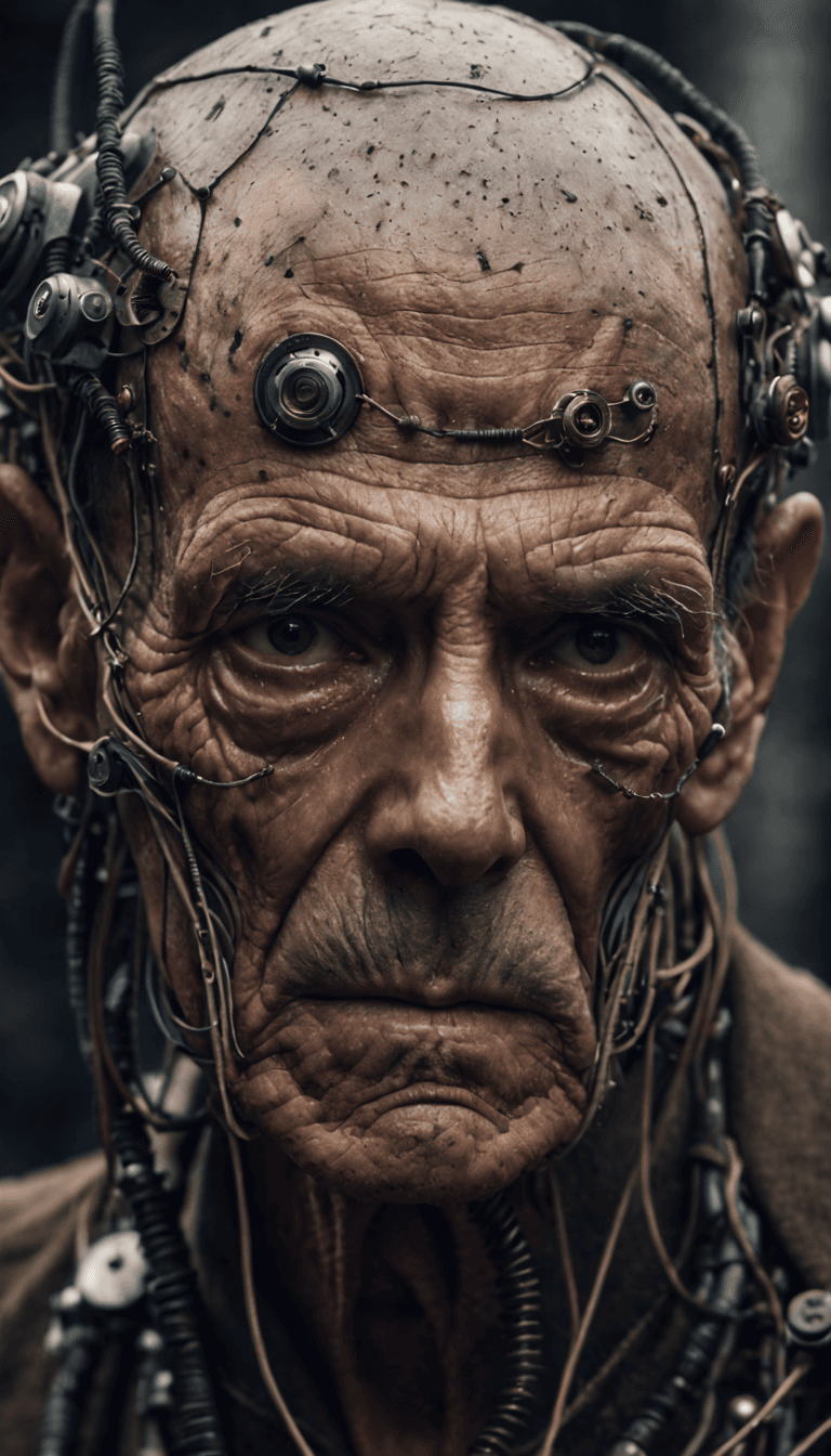 AI generated: The image features a 100 years very old man with a unique appearance, wearing a headpiece that resem...