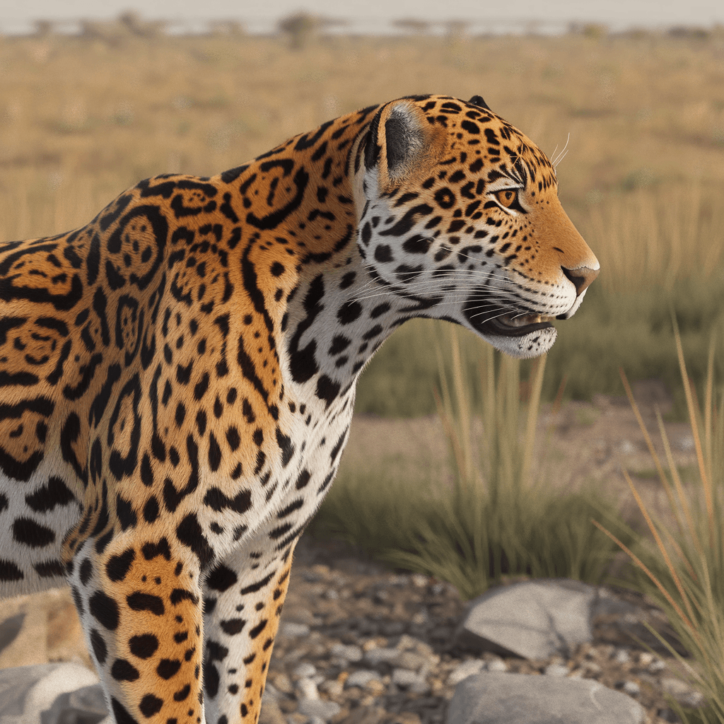 AI generated: 3d photorealistic photo, side profile of a jaguar on the Serengeti, extreme close-up, in the style o...