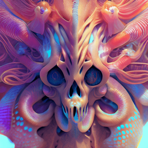 AI generated: Goddess close-up portrait ribcagel. jellyfish phoenix head, nautilus, orchid, skull, betta fish, bio...