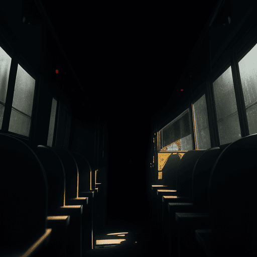AI generated: shadowy figure sitting in a dimly lit stepping school bus, large in frame,  close to camera <lora:xl...