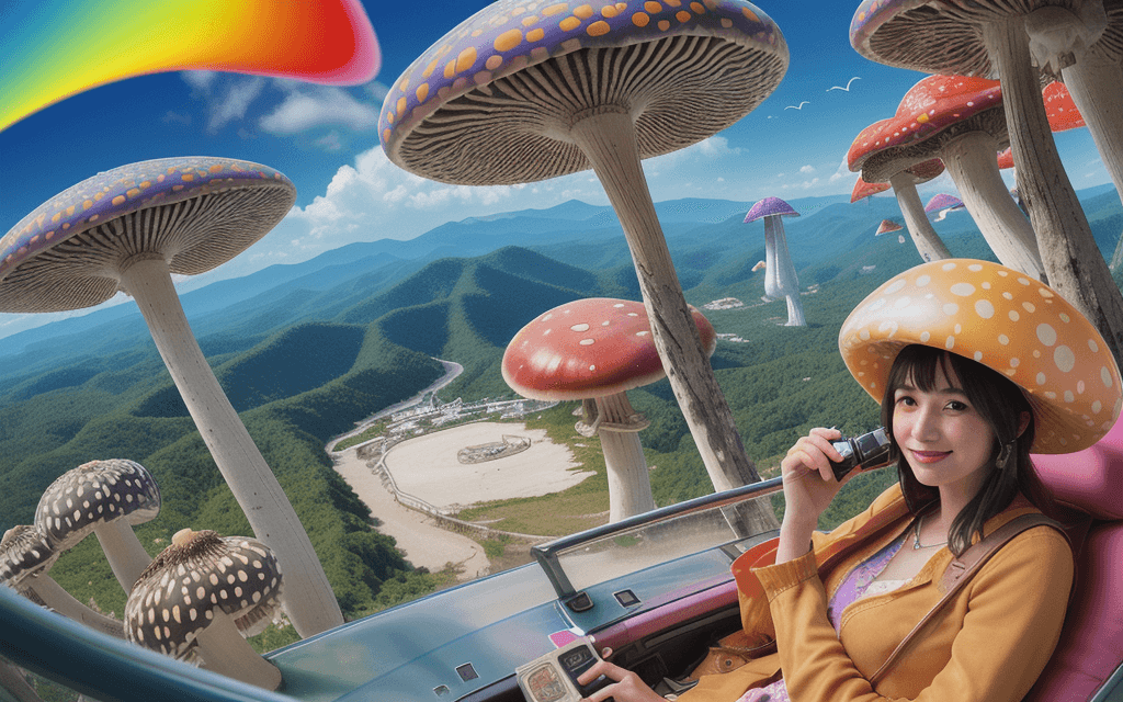 AI generated: High resolution photography 
Psychedelic air ticket for a trip, mushrooms, happiness, colorful, name...